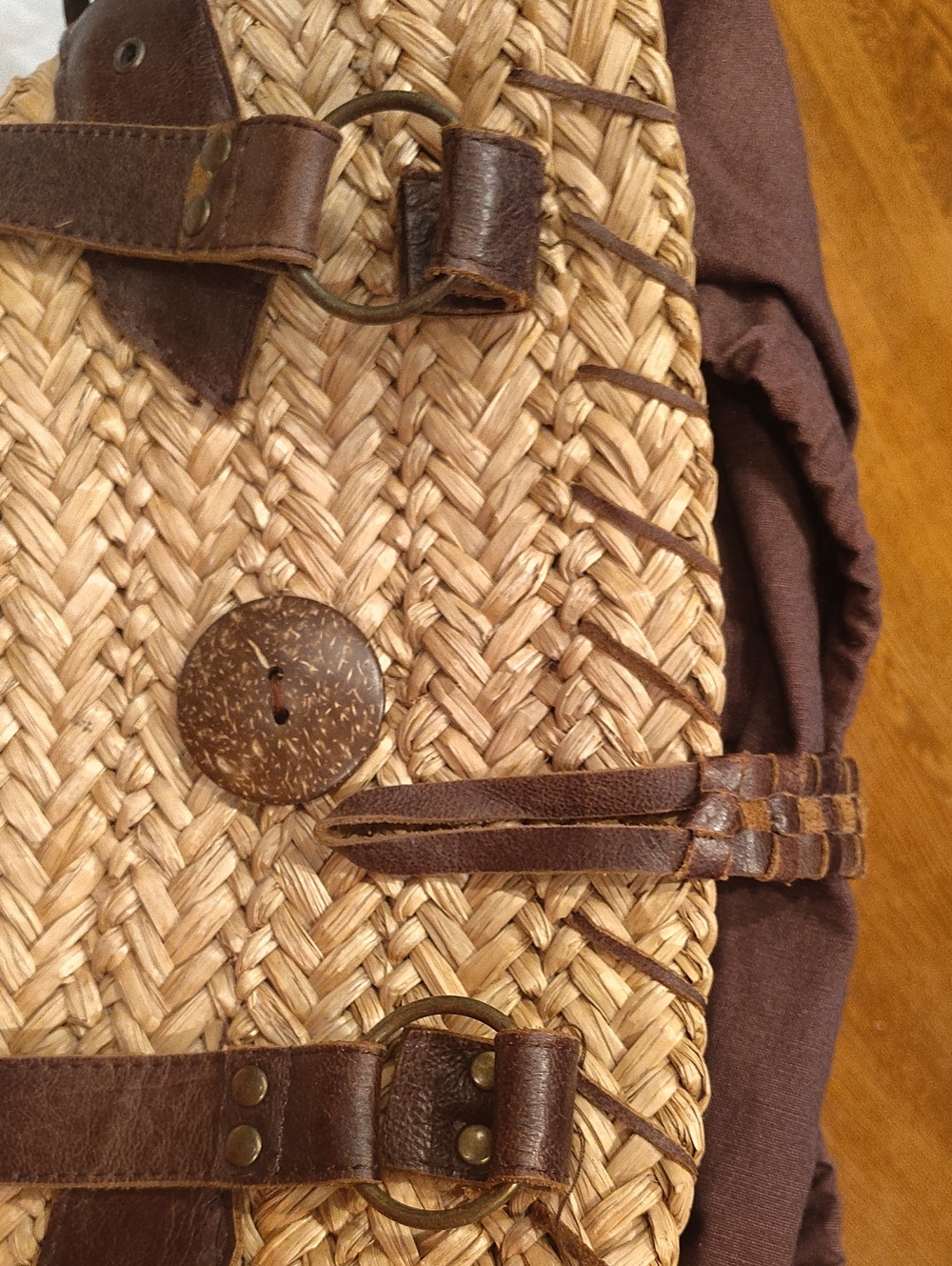 Bella Luna Boho Straw Basket Handbag Brown Leather Accent Vintage - Picture 4 of 16